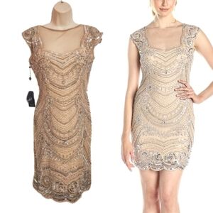 Adrianna Papell Beaded Illusion Evening Dress Champagne Size 10